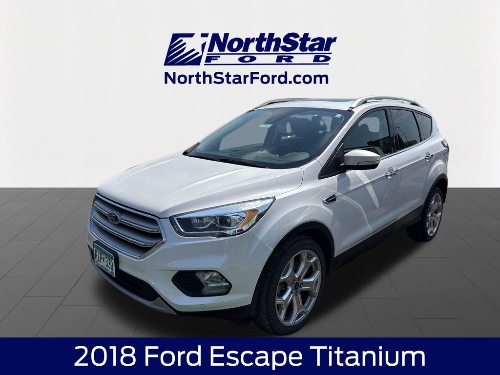 2018 Ford Escape Titanium in White Platinum Clearcoat Metallic — front three-quarter view