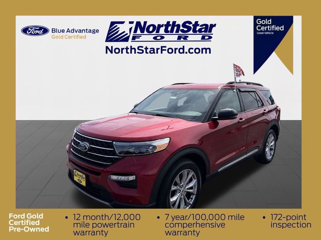 2023 Ford Explorer XLT in Rapid Red Metallic Tinted Clearcoat — front three-quarter view